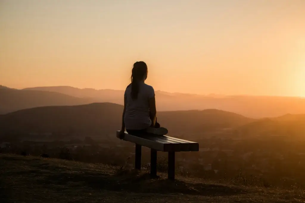 vrouw op rots kijkend naar zonsondergang