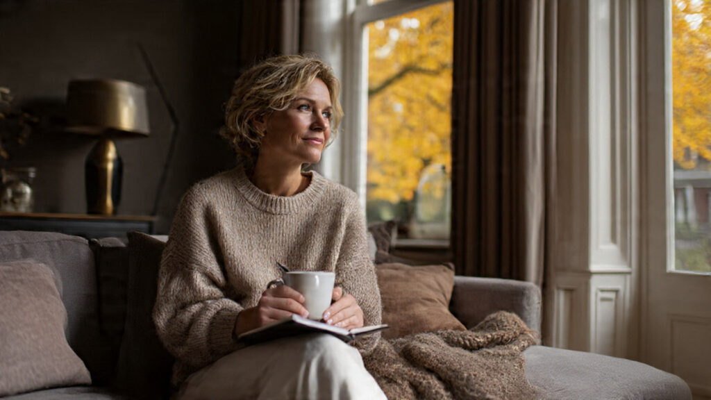 vrouw zit op bank reflecteren journal